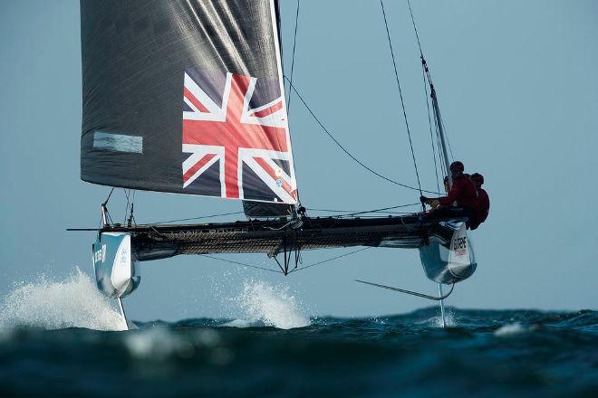 Act 1, Extreme Sailing Series Muscat – Day 3  – British-flagged Land Rover BAR Academy, fronted by skipper Rob Bunce, in action on the penultimate day in Muscat, Oman. © Lloyd Images http://lloydimagesgallery.photoshelter.com/